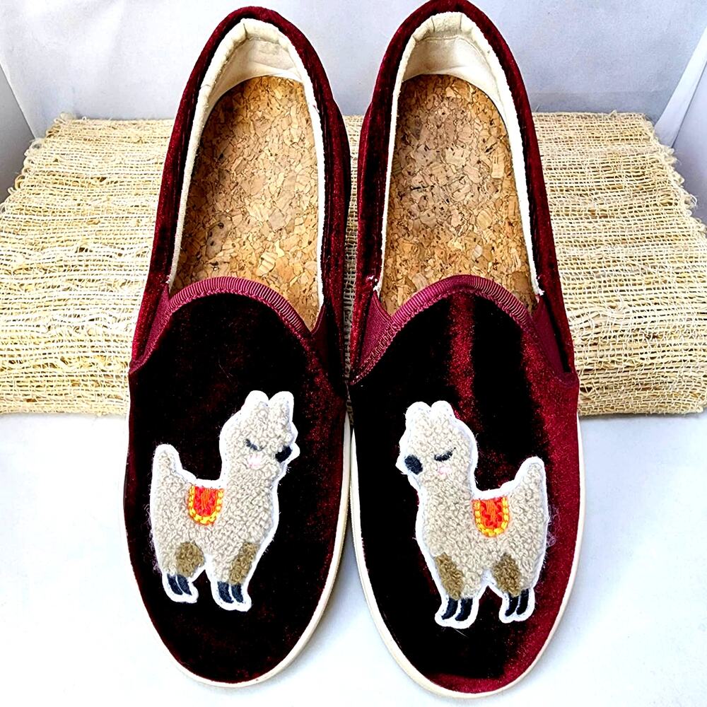 Burgundy Velvet Llama Slip On Sneakers - Cozy Comfort Loafers Womens Size 7